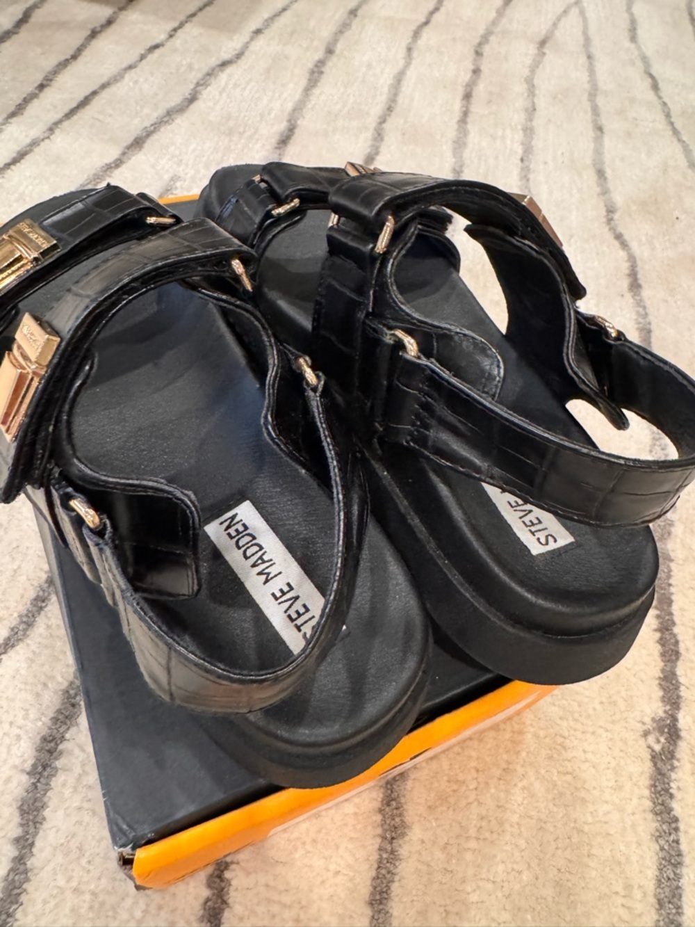 Steve Madden Black Croc-Embossed Double-Strap Sandals with Gold Buckles - Picture 4 of 6